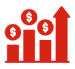 A red graph with dollar signs and an arrow.