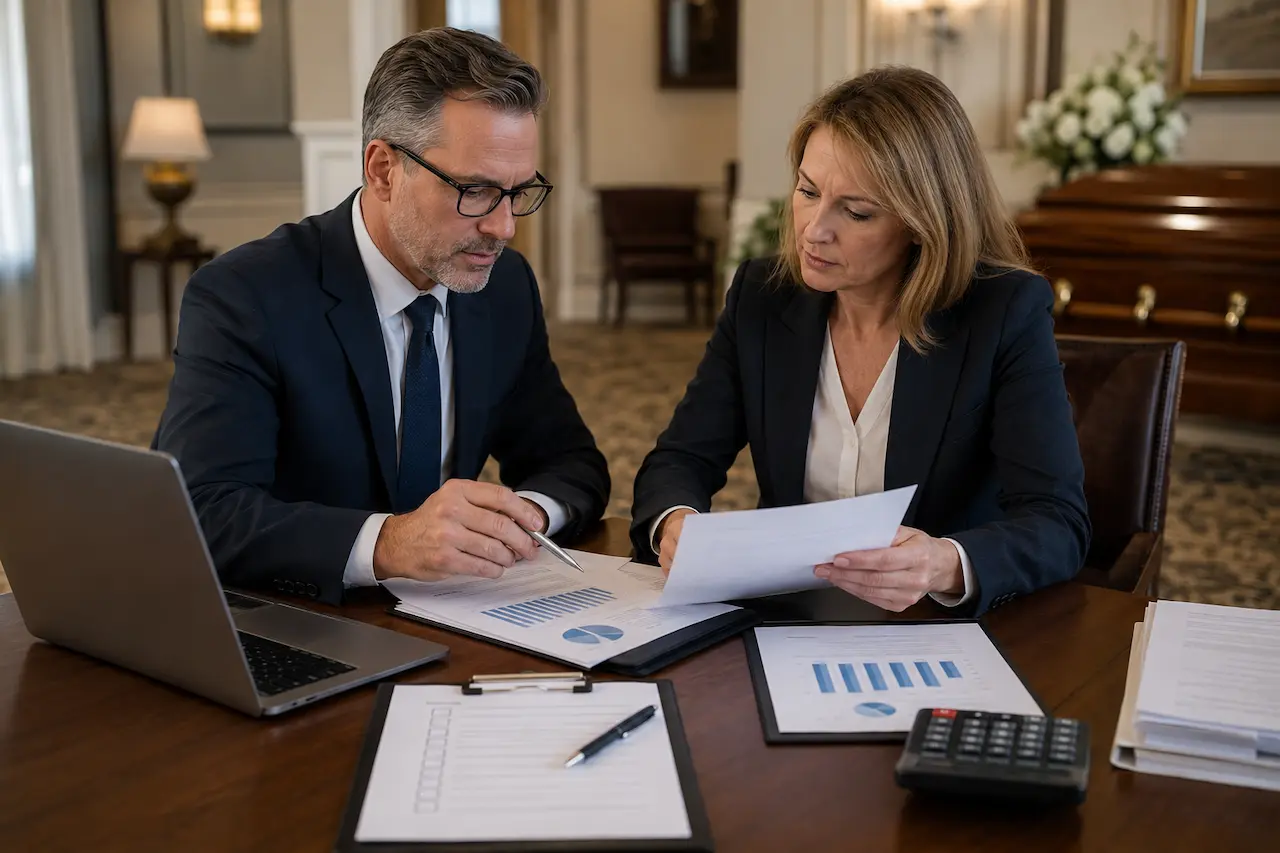 Funeral home due diligence meeting with financial reports, calculator, and business review documents before acquisition