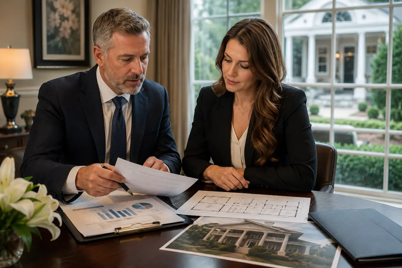 Business advisor and buyer reviewing documents, floor plans, and financial reports before buying a funeral home.