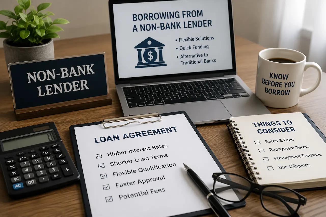 Loan agreement, calculator, and financial checklist explaining what to know before borrowing from a non-bank lender.