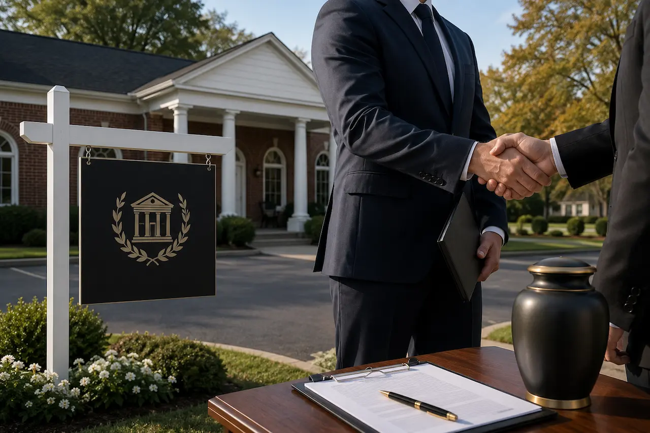 Business professionals finalizing the sale of a funeral home outside a well-maintained New York funeral property with legal documents and a handshake.