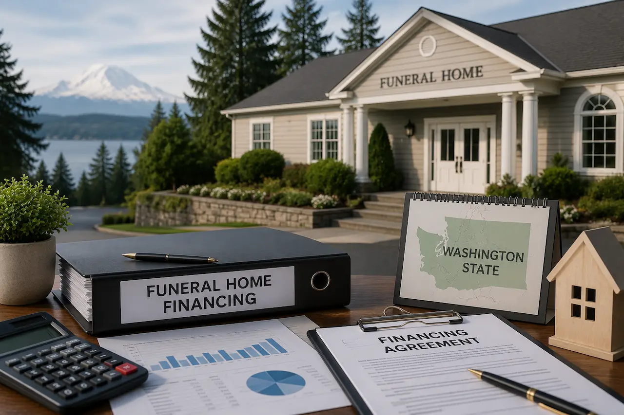 Financial documents and business planning materials in front of a funeral home in Washington State, representing funeral home financing for buyers and sellers
