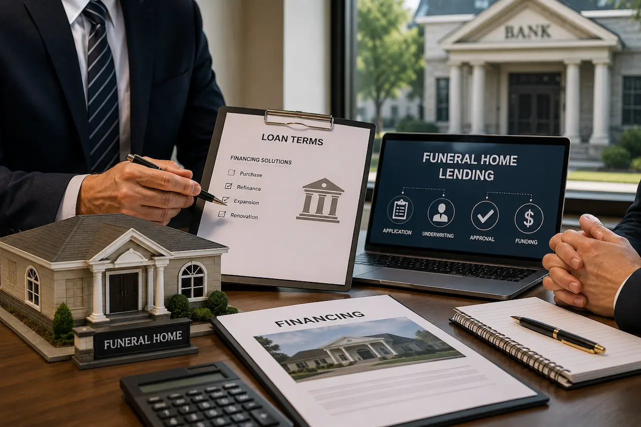 Financial advisor explaining funeral home lending and bank financing options during a business meeting for a funeral home transaction.