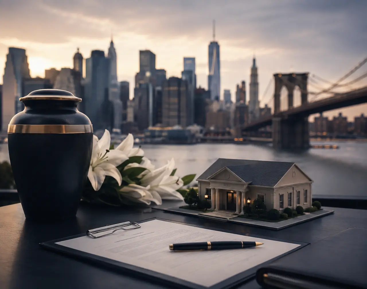 Funeral home planning in New York with urn, funeral home model, and city skyline