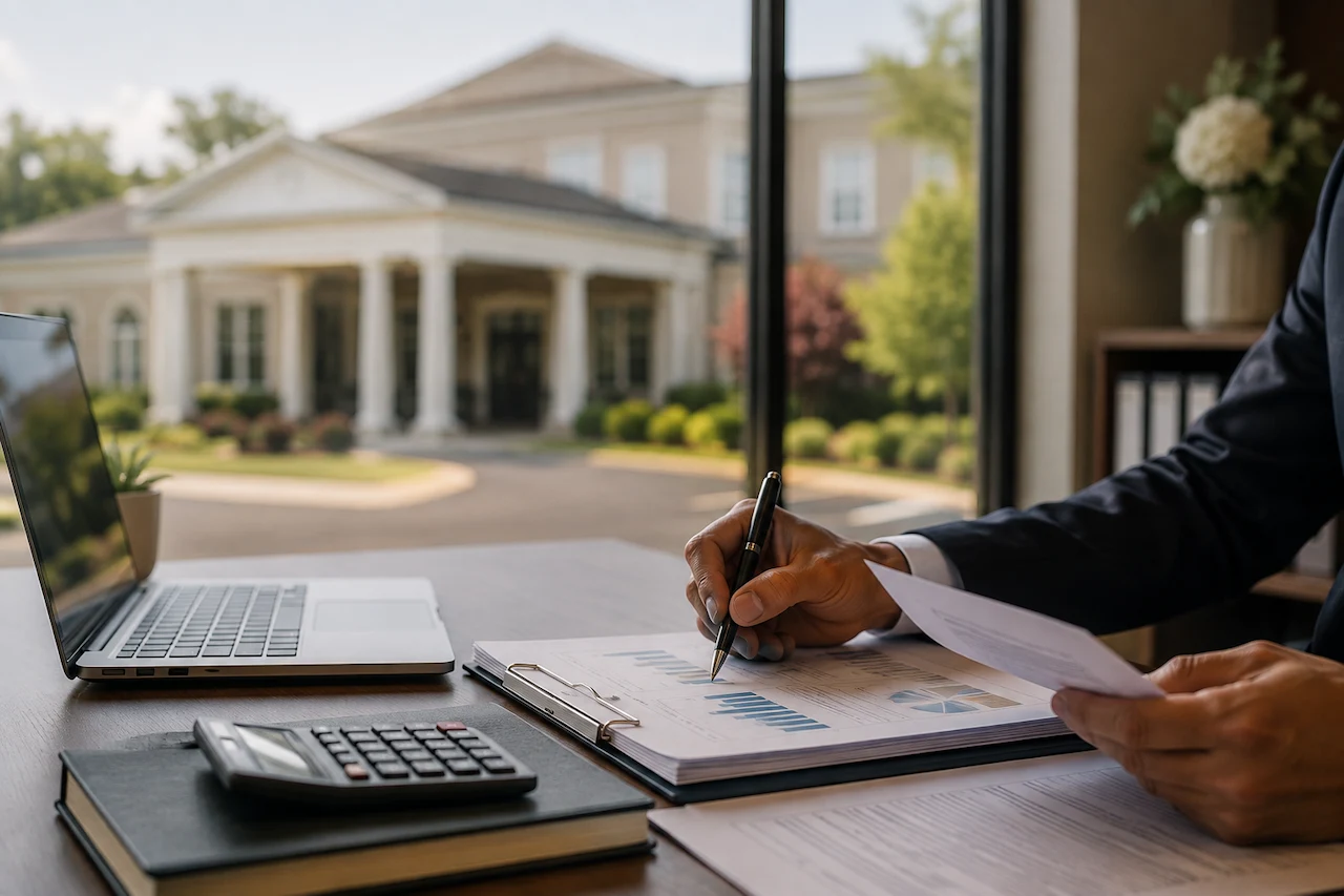Business buyer reviewing financial documents while evaluating a funeral home for sale