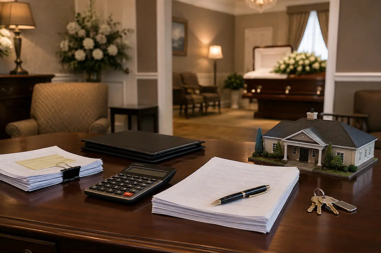 Funeral home financing documents, calculator and property keys on a desk
