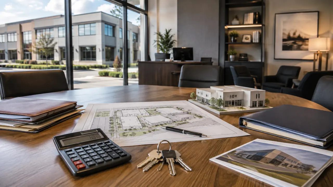 SBA loan planning for business and real estate with property plans, calculator, keys, and financial documents