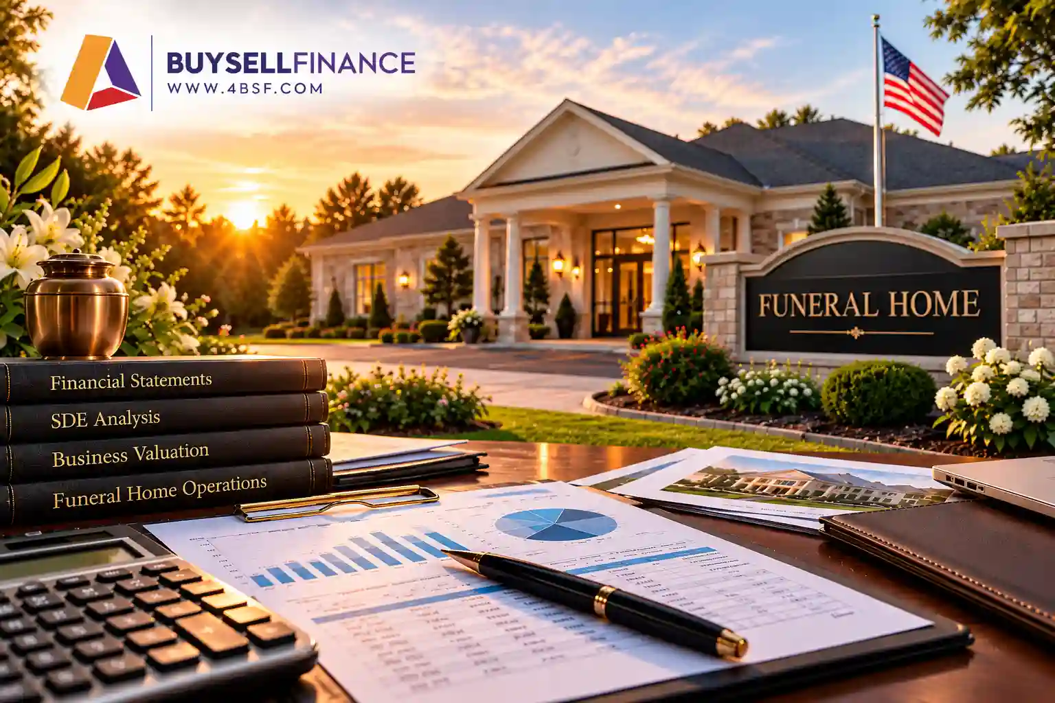 How Much Is My Funeral Home Worth in 2026?Funeral home valuation with financial reports, calculator, and funeral home property in the background.