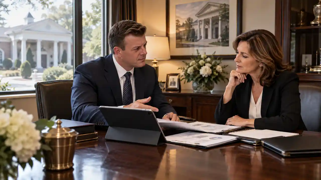 Funeral home business advisor consulting with an owner about selling a funeral home, financing options, and ownership transition.