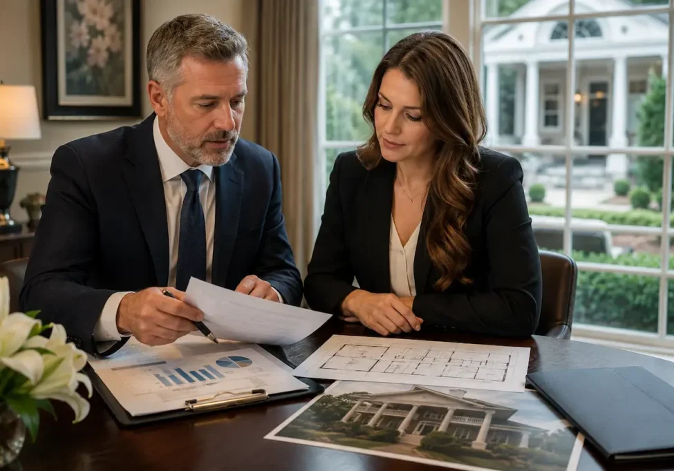 Business advisor and buyer reviewing documents, floor plans, and financial reports before buying a funeral home.
