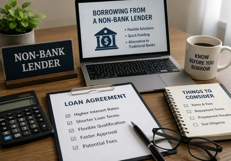 Loan agreement, calculator, and financial checklist explaining what to know before borrowing from a non-bank lender.
