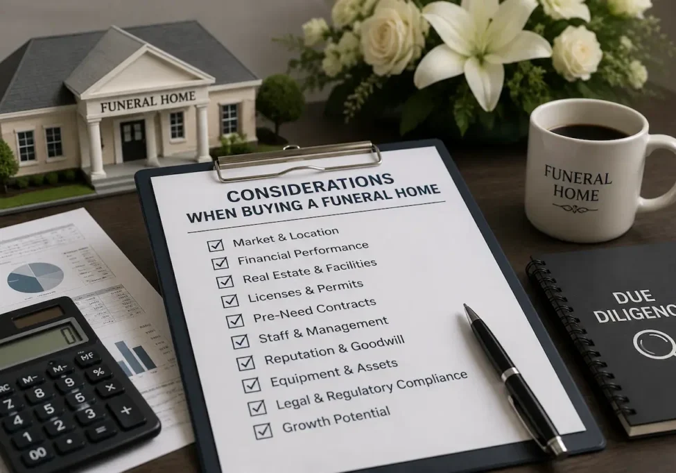 Funeral home buying considerations checklist with financial documents, calculator, due diligence notebook, and funeral home model.