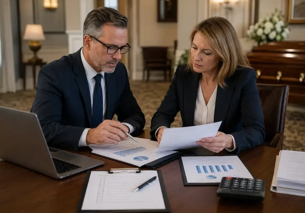 Funeral home due diligence meeting with financial reports, calculator, and business review documents before acquisition