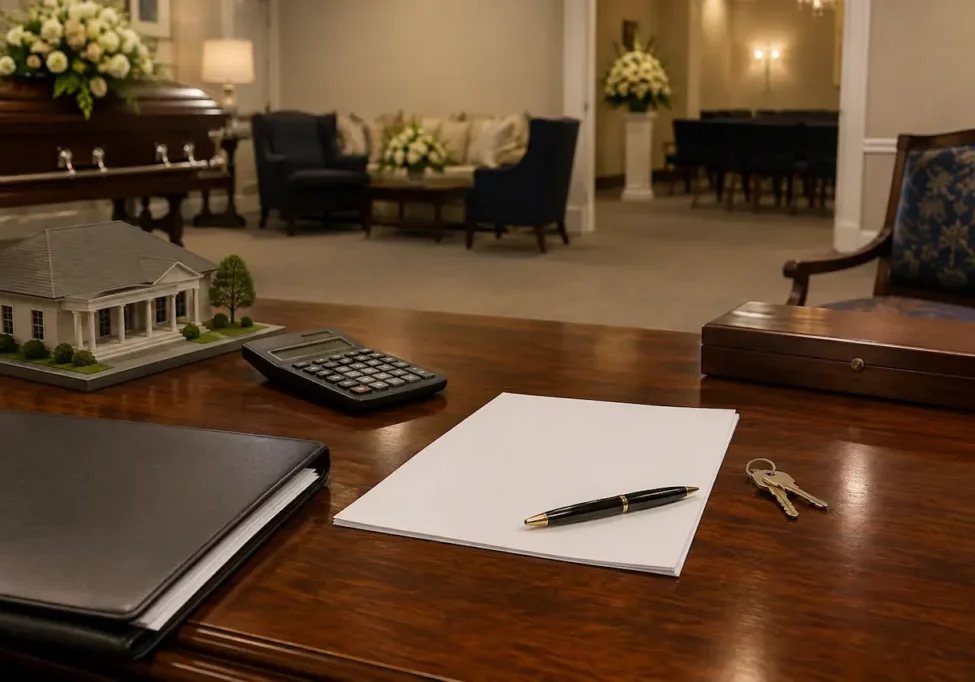 Funeral home business sale documents, calculator and property keys on a desk