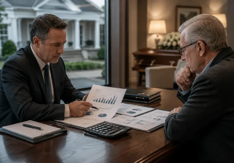 Funeral home sellers reviewing business valuation charts and financial documents before selling a funeral home.