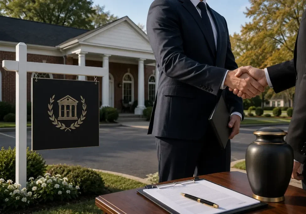 Business professionals finalizing the sale of a funeral home outside a well-maintained New York funeral property with legal documents and a handshake.