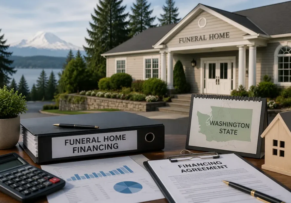 Financial documents and business planning materials in front of a funeral home in Washington State, representing funeral home financing for buyers and sellers