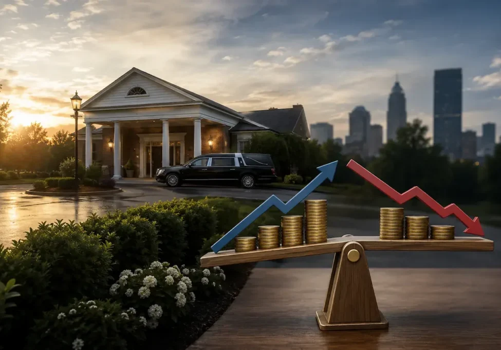 Funeral home with financial market symbols representing changing interest rates and M&A activity in 2026
