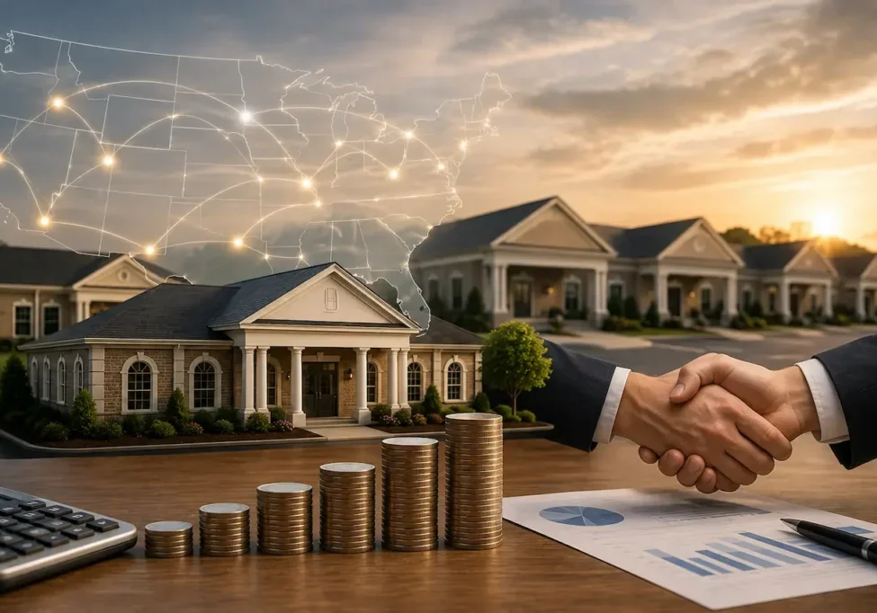 Financing a multi location funeral home group acquisition with multiple funeral homes, business handshake and financial growth
