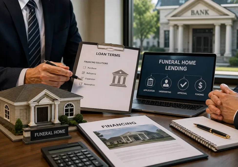 Financial advisor explaining funeral home lending and bank financing options during a business meeting for a funeral home transaction.