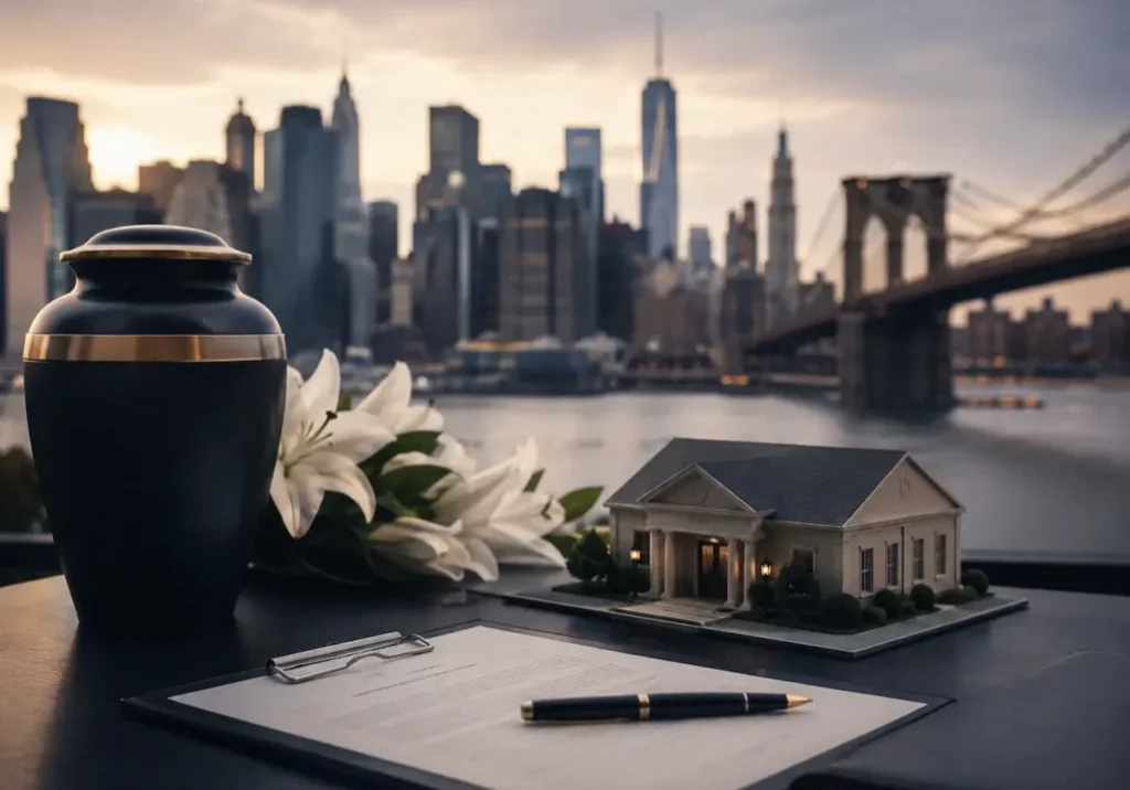 Funeral home planning in New York with urn, funeral home model, and city skyline