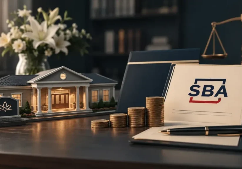 Funeral home SBA 7(a) loan financing with funeral home model, coins, and financial documents