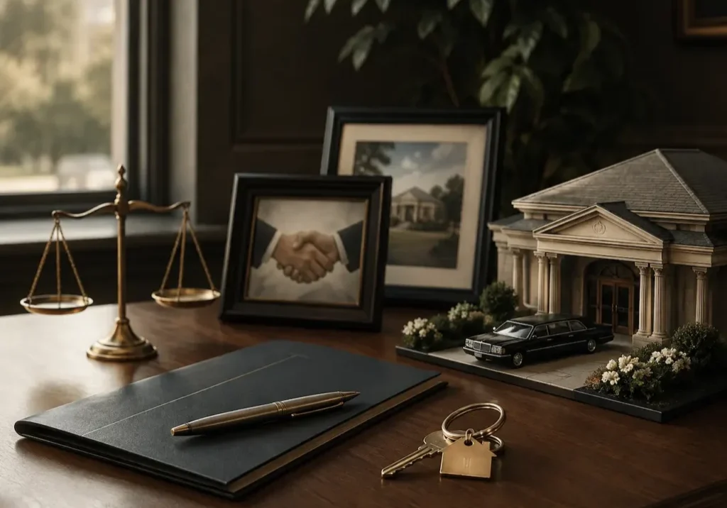 Funeral home business sale documents, property keys, and a professional handshake setting representing funeral home selling and business ownership decisions.