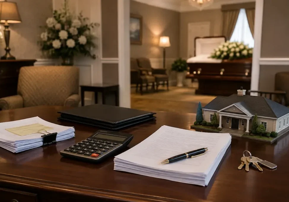 Funeral home financing documents, calculator and property keys on a desk