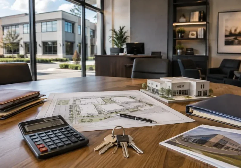 SBA loan planning for business and real estate with property plans, calculator, keys, and financial documents