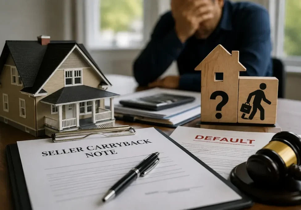Seller carryback note with property model, payment risk, keys, and financial documents showing buyer default